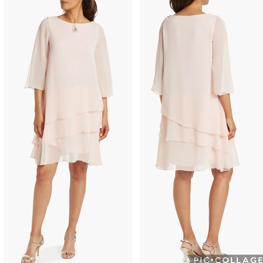 Marina Tiered Ruffle Shift Dress Rhinestone‎ Keyhole Blush Pink 4